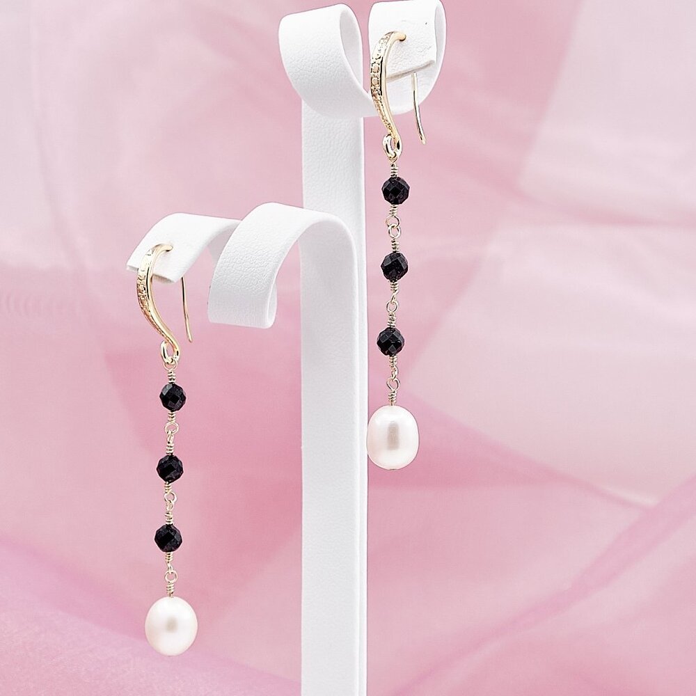 Pearl & Black Spinel Dangle Earrings, 14K Gold Filled